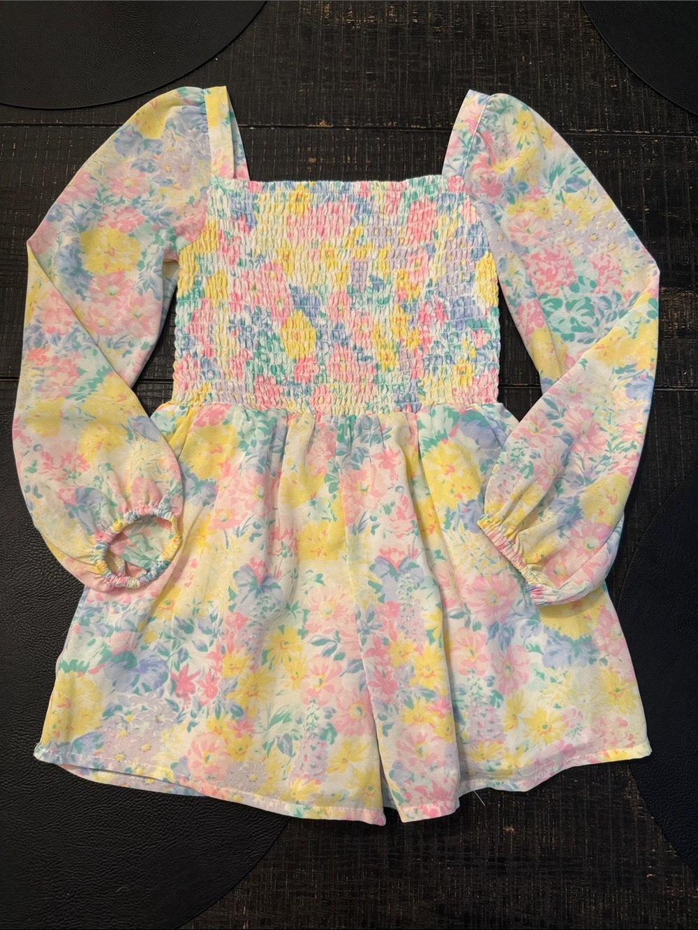 Janie and Jack Girls Floral Smocked Romper with Puff Sleeves - Pastel Multi